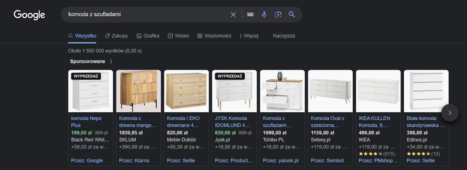 Shopping Ads (PLA) w wyszukiwarce Google
Screen przedstawia wyniki z różnych porównywarek cenowych (Google, Klarna, Sembot) w wyszukiwarce Google. To dzięki feedowi produktowemu widzimy te produkty.